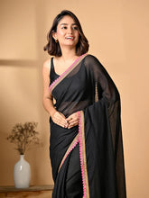 Load image into Gallery viewer, Black Zari Mulmul Cotton Saree
