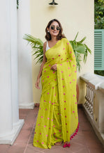 Load image into Gallery viewer, Lime Green Love Mulmul Cotton Saree