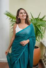 Load image into Gallery viewer, Turquoise Blue Mulmul Cotton Saree