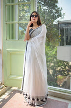 Load image into Gallery viewer, White And Black Mulmul Cotton Saree