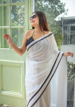 Load image into Gallery viewer, White And Black Mulmul Cotton Saree