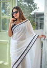 Load image into Gallery viewer, White And Black Mulmul Cotton Saree