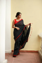Load image into Gallery viewer, Black Red Mulmul Cotton Saree