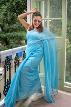 Load image into Gallery viewer, Sky Blue Mulmul Cotton Saree