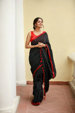 Load image into Gallery viewer, Black Red Mulmul Cotton Saree