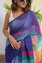 Load image into Gallery viewer, Navy Blue Mulmul Cotton Saree