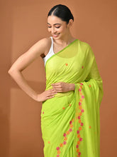 Load image into Gallery viewer, Green Embroidered Mulmul Cotton Saree