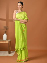 Load image into Gallery viewer, Green Embroidered Mulmul Cotton Saree