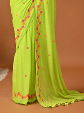 Load image into Gallery viewer, Green Embroidered Mulmul Cotton Saree