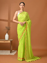 Load image into Gallery viewer, Green Embroidered Mulmul Cotton Saree
