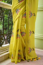 Load image into Gallery viewer, Green Embroidery Mulmul Cotton Saree