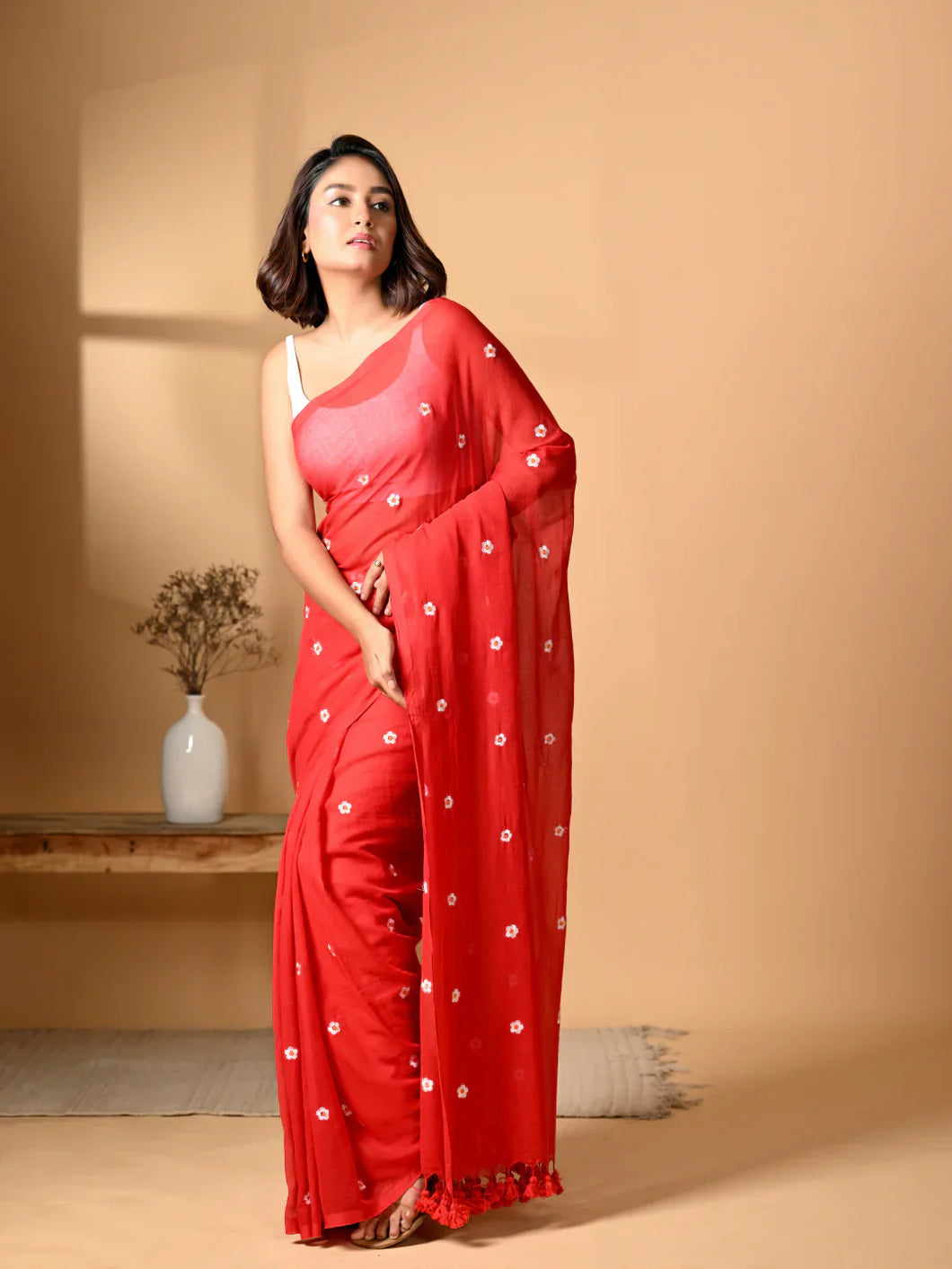 Red Mulmul Cotton Saree