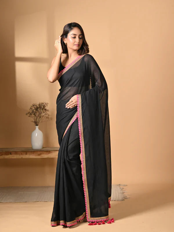 Black Zari Mulmul Cotton Saree