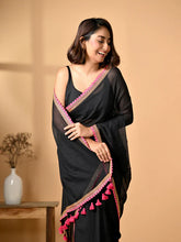 Load image into Gallery viewer, Black Zari Mulmul Cotton Saree
