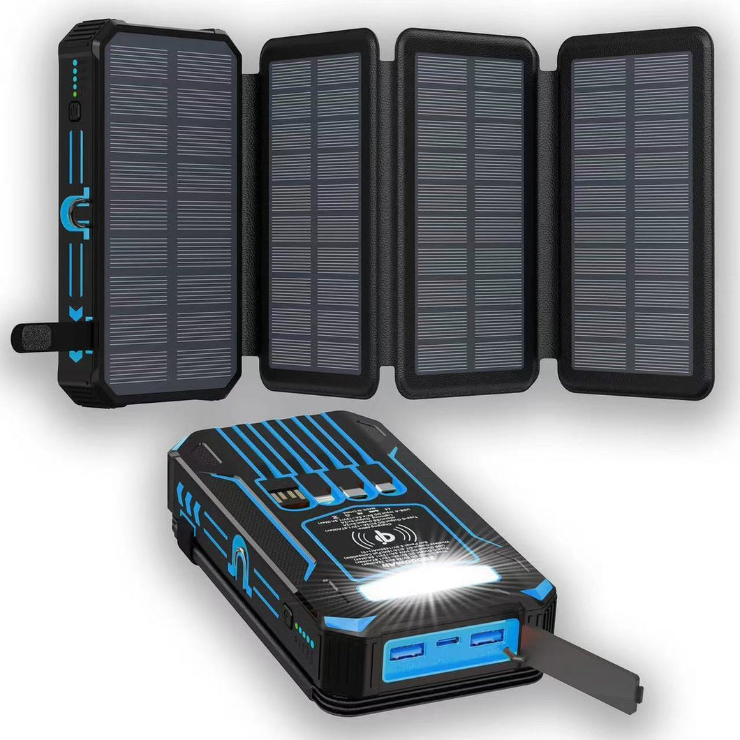 20000mAh Solar Power Bank with Foldable Panels, Wireless Charging & LED Flashlight