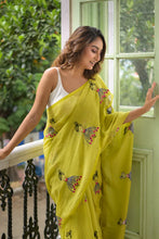 Load image into Gallery viewer, Green Embroidery Mulmul Cotton Saree
