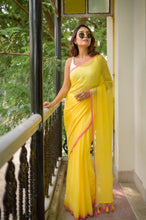 Load image into Gallery viewer, Yellow And Pink Mulmul Cotton Saree
