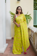 Load image into Gallery viewer, Lime Green Love Mulmul Cotton Saree
