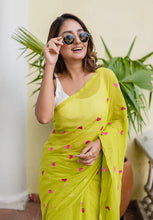 Load image into Gallery viewer, Lime Green Love Mulmul Cotton Saree
