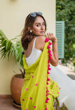 Load image into Gallery viewer, Lime Green Love Mulmul Cotton Saree
