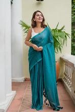 Load image into Gallery viewer, Turquoise Blue Mulmul Cotton Saree
