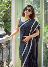 Load image into Gallery viewer, Black And White Mulmul Cotton Saree
