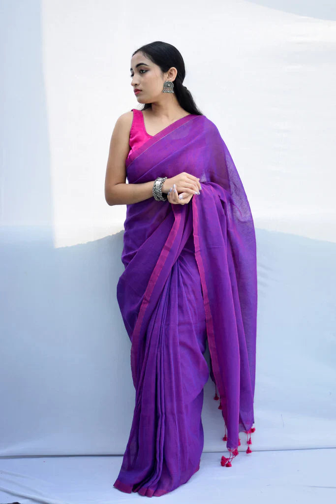 Purple Pink Soft Cotton Saree