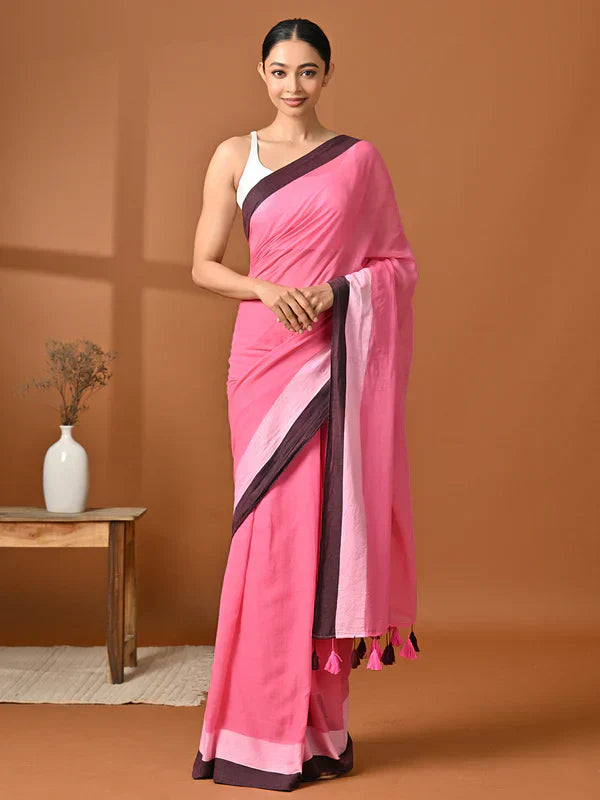 Pink Mulmul Cotton Saree