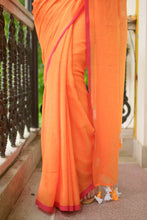 Load image into Gallery viewer, Orange And Pink Mulmul Cotton Saree
