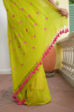 Load image into Gallery viewer, Lime Green Love Mulmul Cotton Saree
