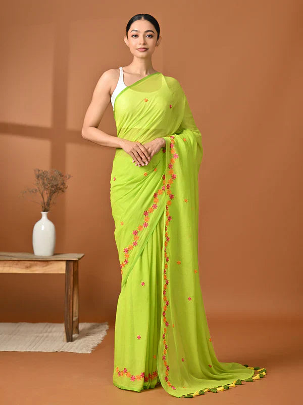 Green Embroidered Mulmul Cotton Saree