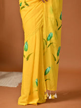 Load image into Gallery viewer, Hand Painted Yellow Mulmul Cotton Saree
