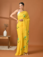 Load image into Gallery viewer, Hand Painted Yellow Mulmul Cotton Saree
